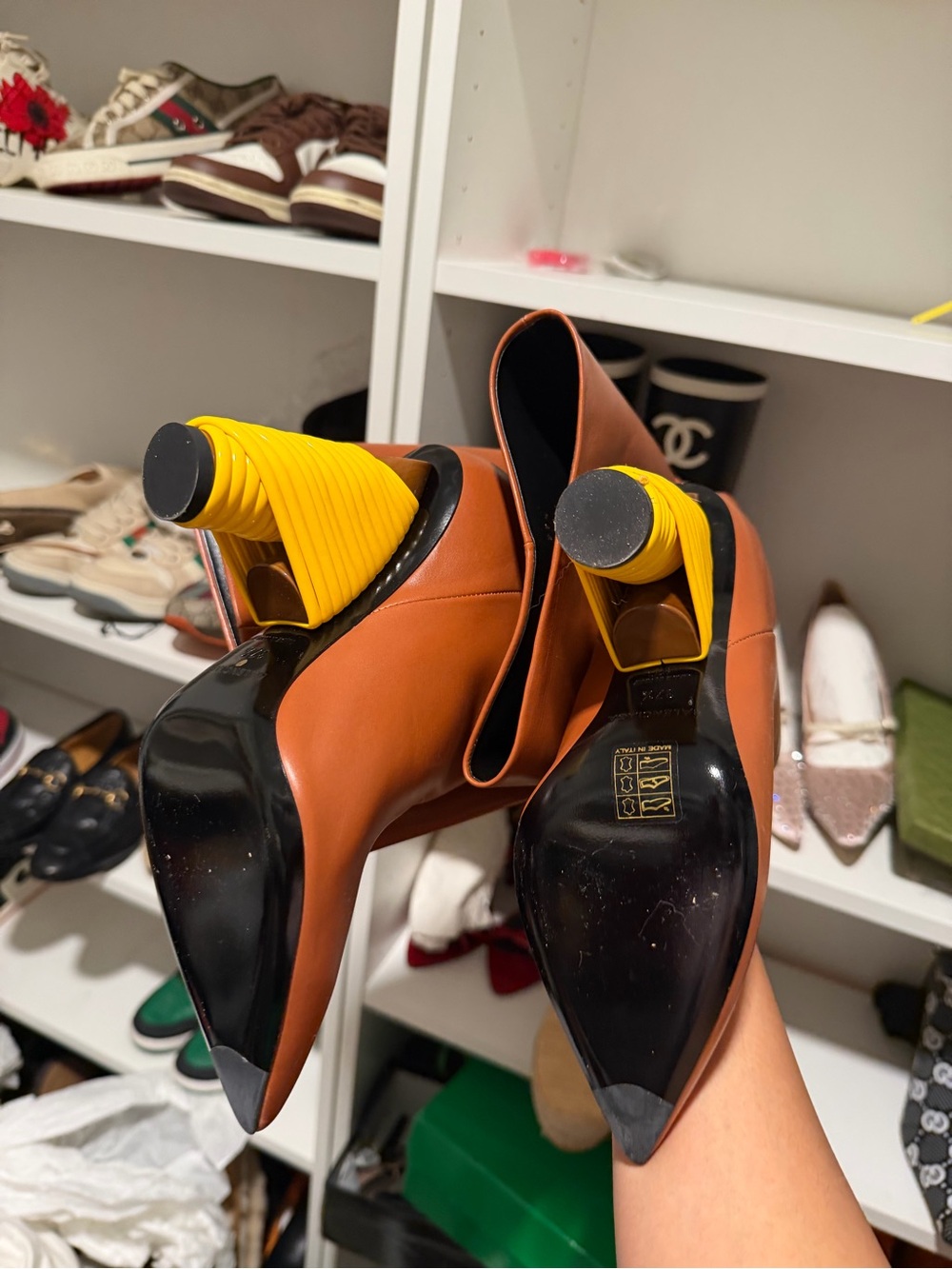Balenciaga Brown Leather Ankle Boots with Yellow Sculpted Heel - Picture 2 of 3